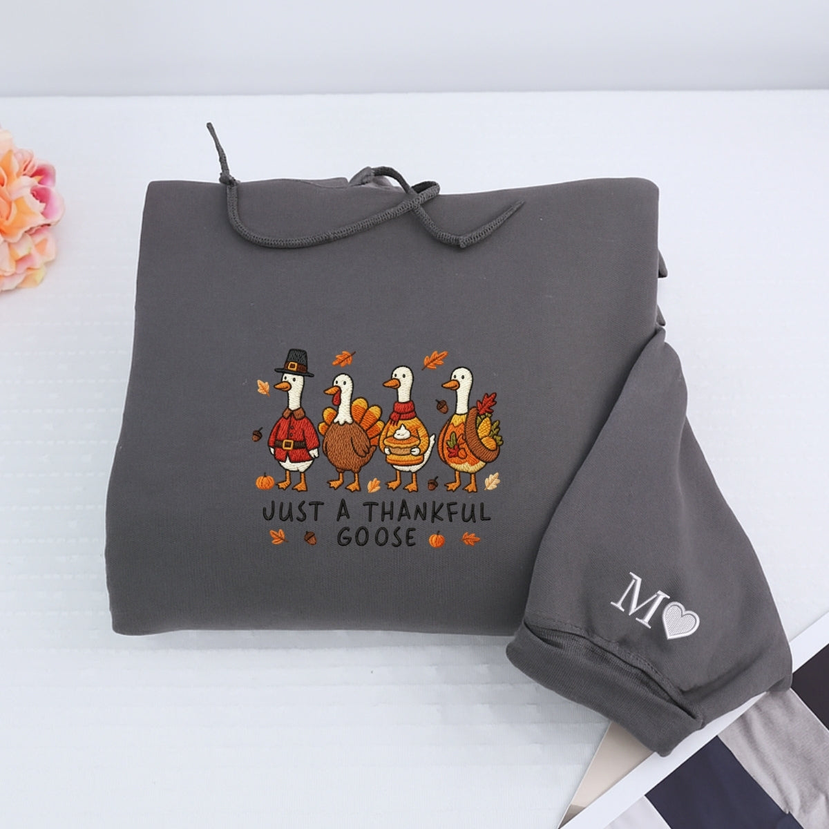 Custom Embroidered Just a Thankful Goose Hoodie | Funny Thanksgiving Sweatshirt – Fall Pumpkin Goose Embroidery Gift