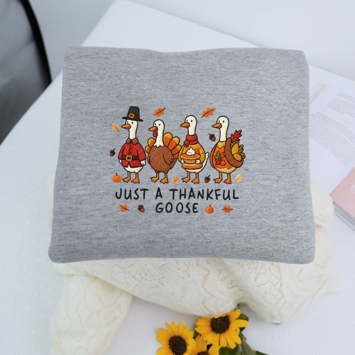 Custom Embroidered Just a Thankful Goose Hoodie | Funny Thanksgiving Sweatshirt – Fall Pumpkin Goose Embroidery Gift