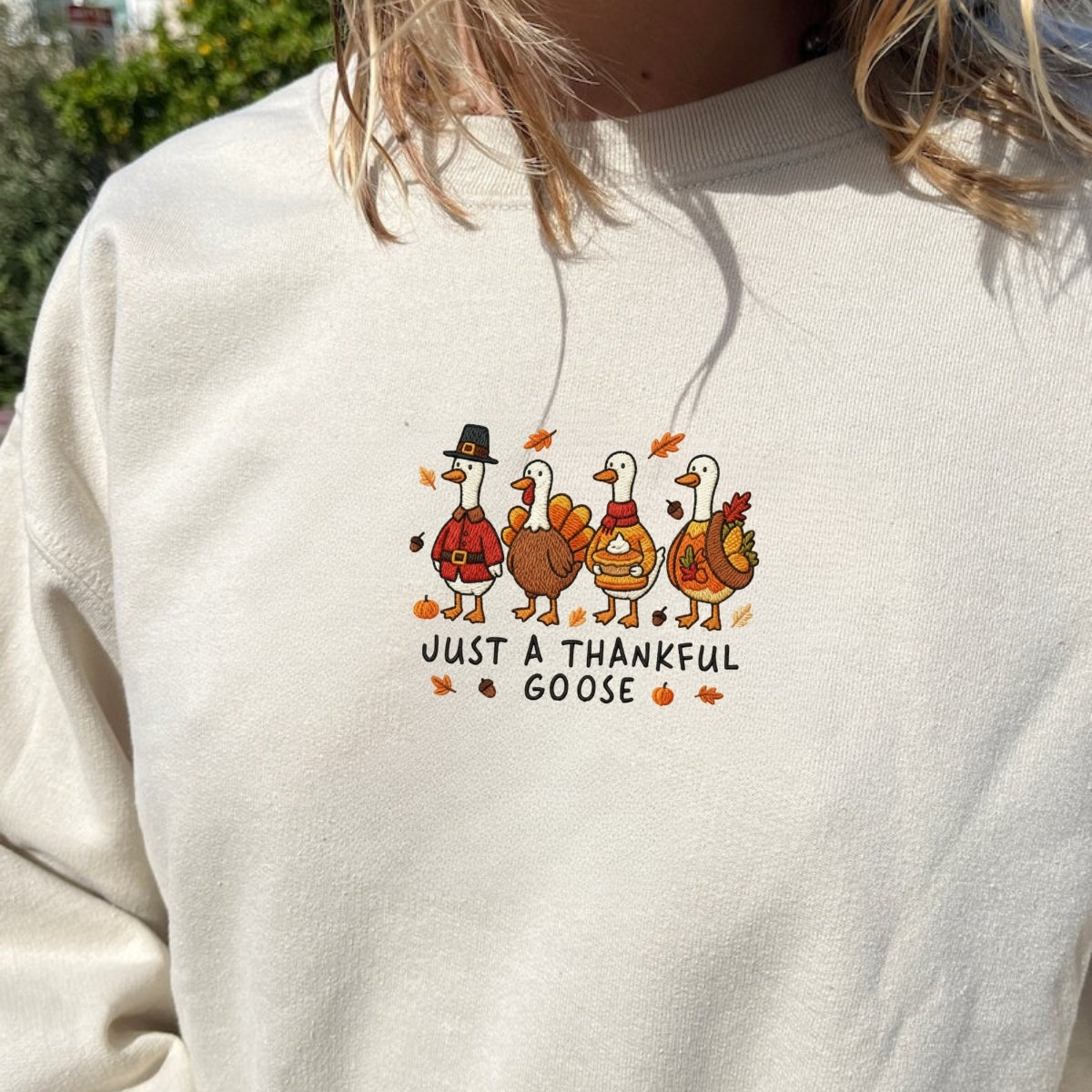 Custom Embroidered Just a Thankful Goose Hoodie | Funny Thanksgiving Sweatshirt – Fall Pumpkin Goose Embroidery Gift