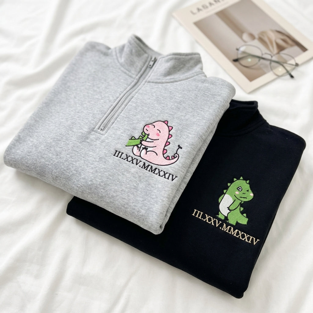 Custom Embroidered Lovely Couple Dinosaur Roman Numeral Matching Quarter Zip Sweatshirts & Full-Zip Hoodie for Couples