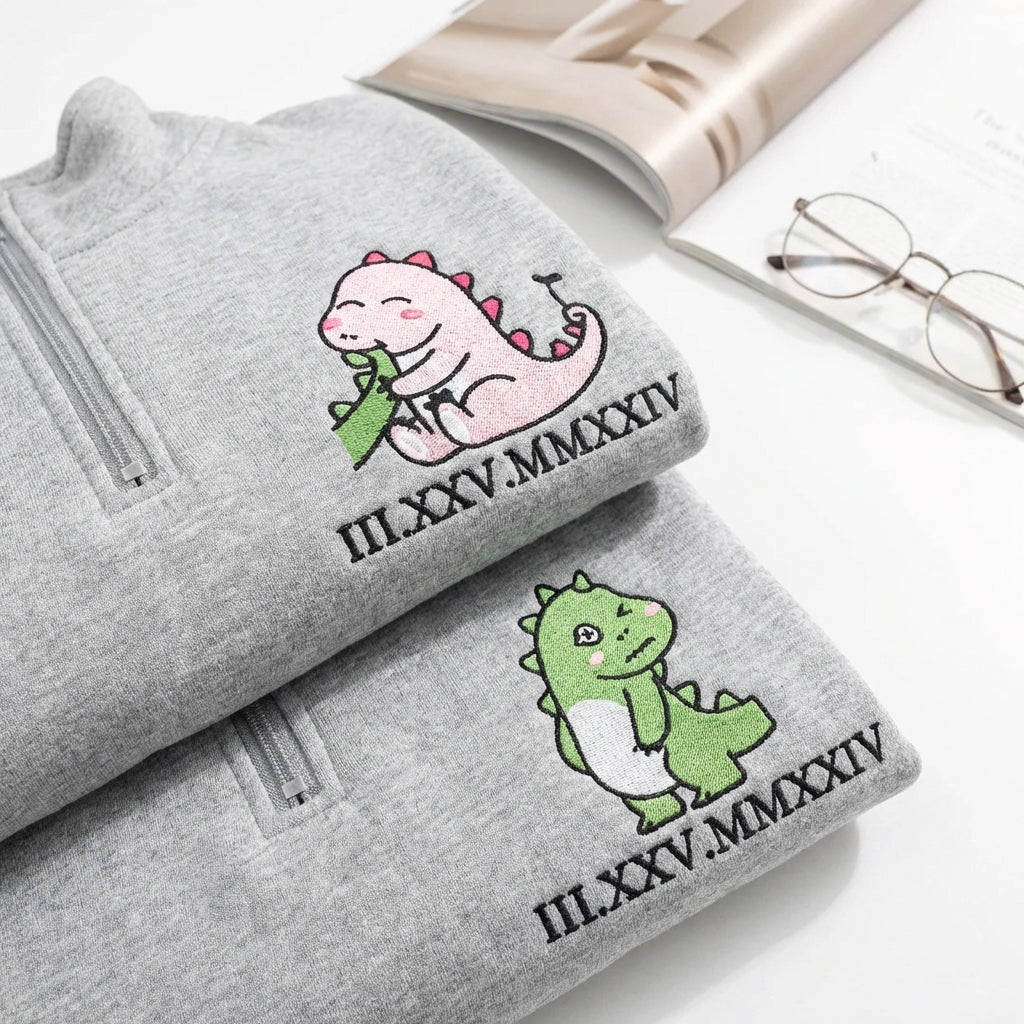 Custom Embroidered Lovely Couple Dinosaur Roman Numeral Matching Quarter Zip Sweatshirts & Full-Zip Hoodie for Couples