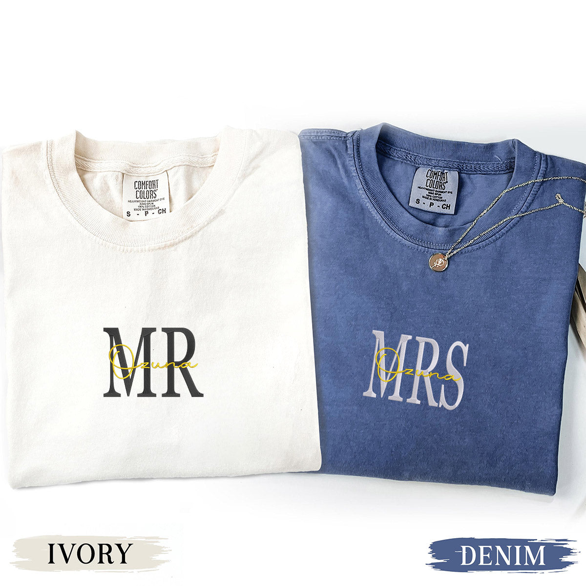 Individuell bestickte Mr & Mrs T-Shirts für Paare