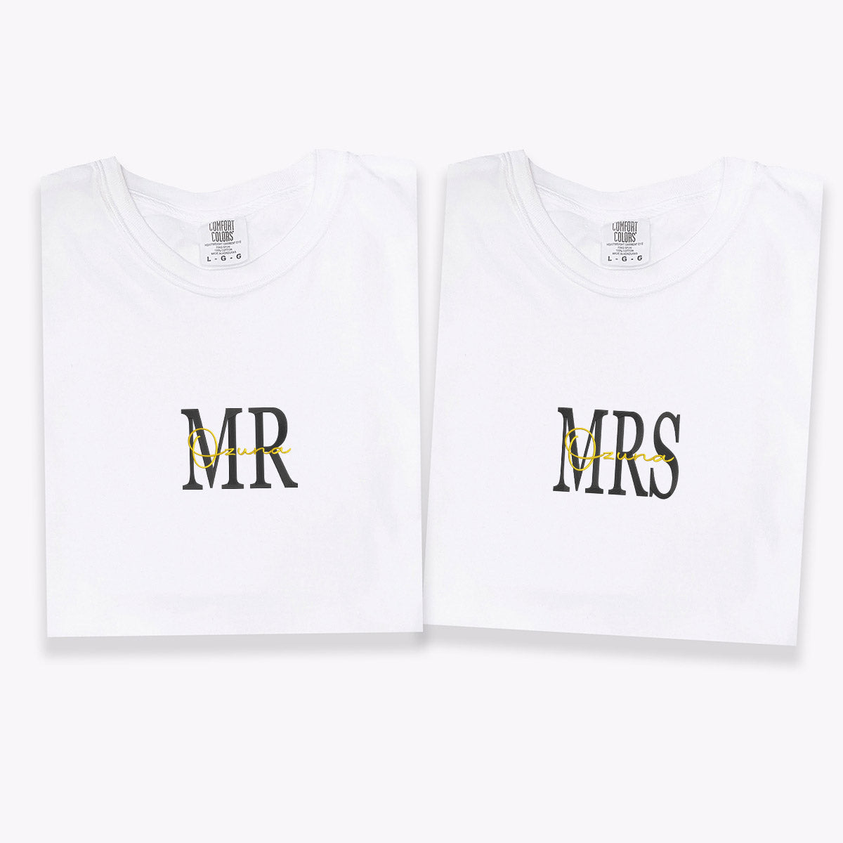 Individuell bestickte Mr & Mrs T-Shirts für Paare