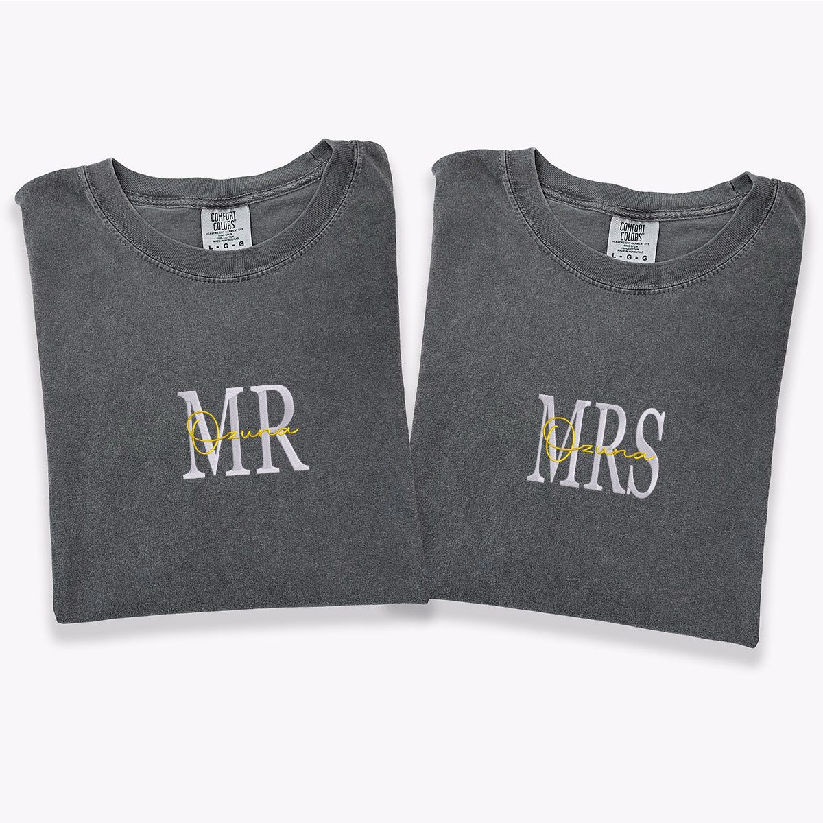 Individuell bestickte Mr & Mrs T-Shirts für Paare