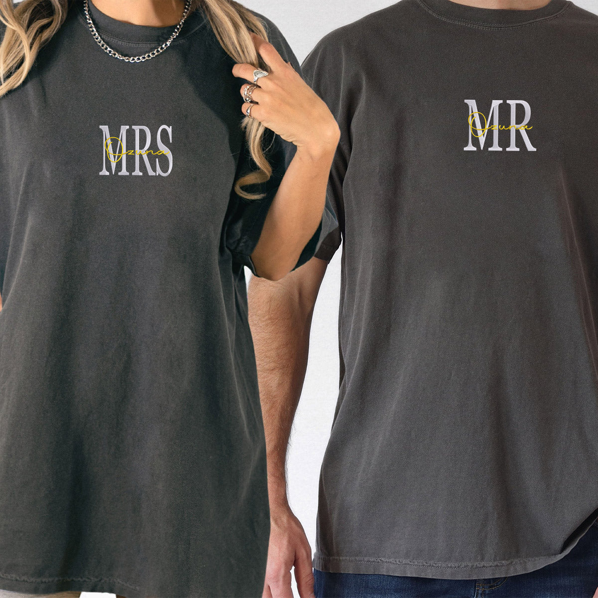 Individuell bestickte Mr & Mrs T-Shirts für Paare