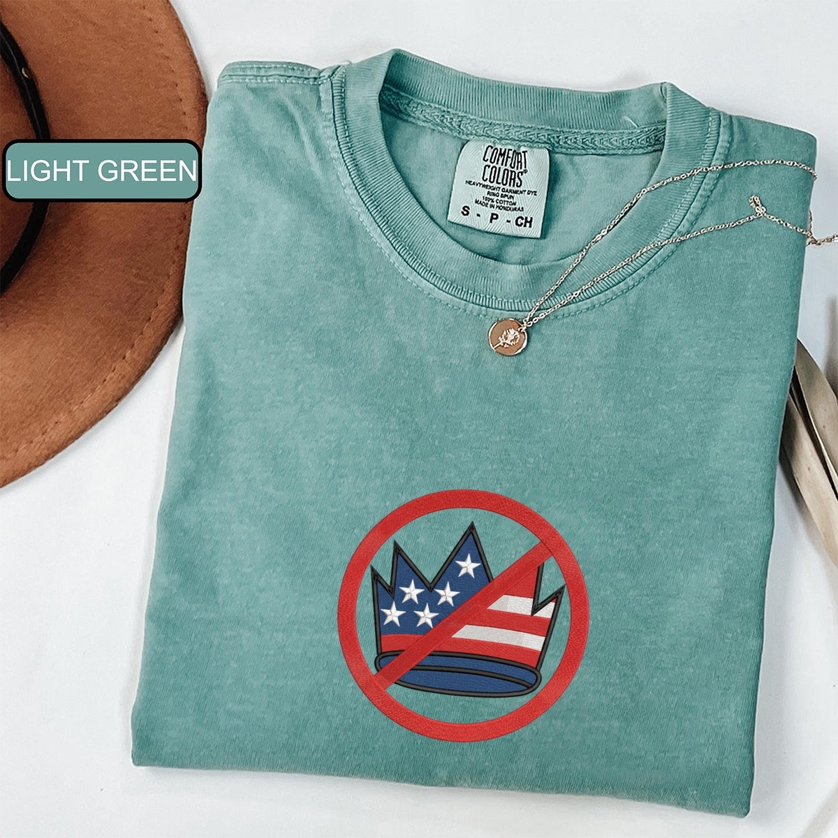 Custom Embroidered No Kings in America T-Shirt | Political Tee – Crown Embroidery Protest Shirt