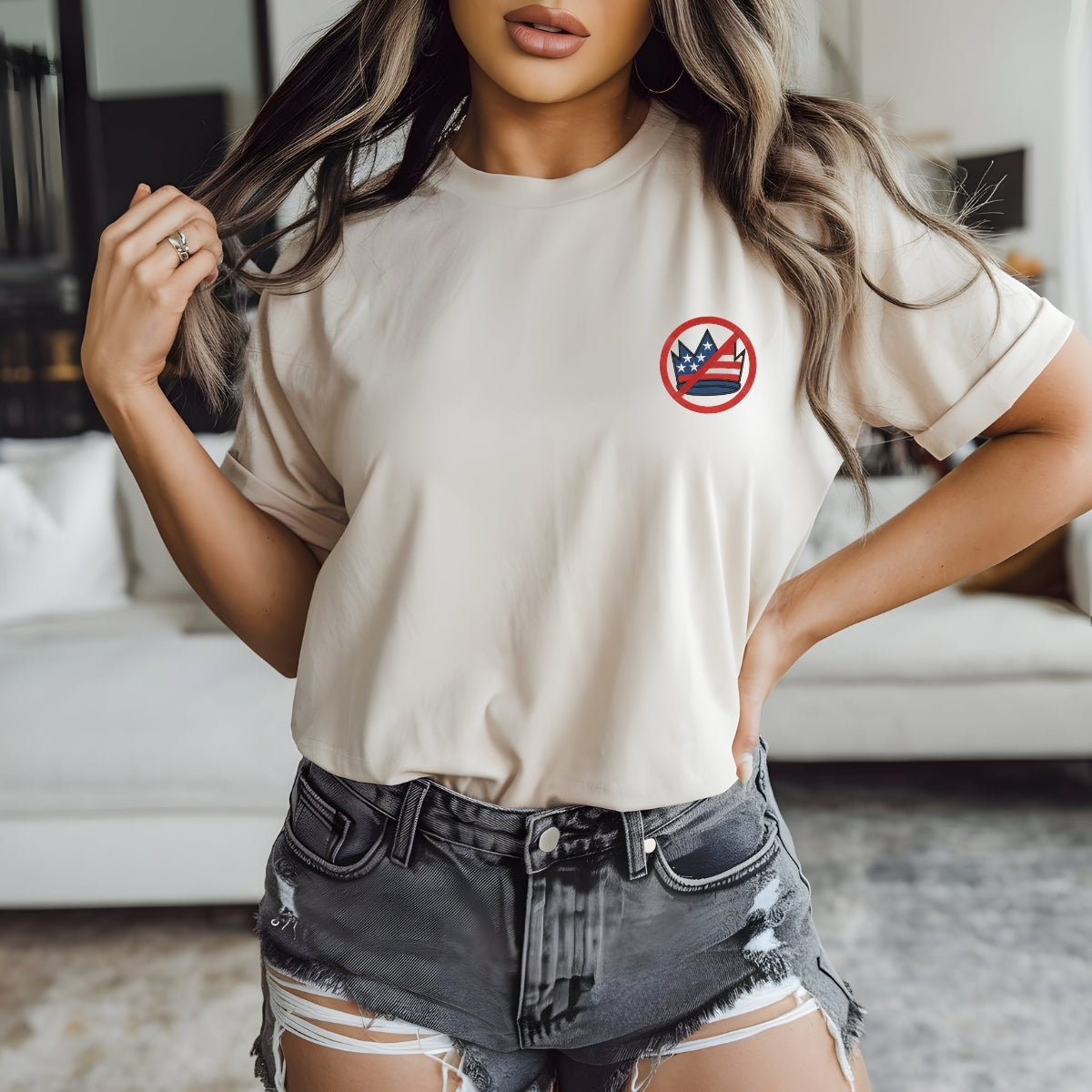Custom Embroidered No Kings in America T-Shirt | Political Tee – Crown Embroidery Protest Shirt