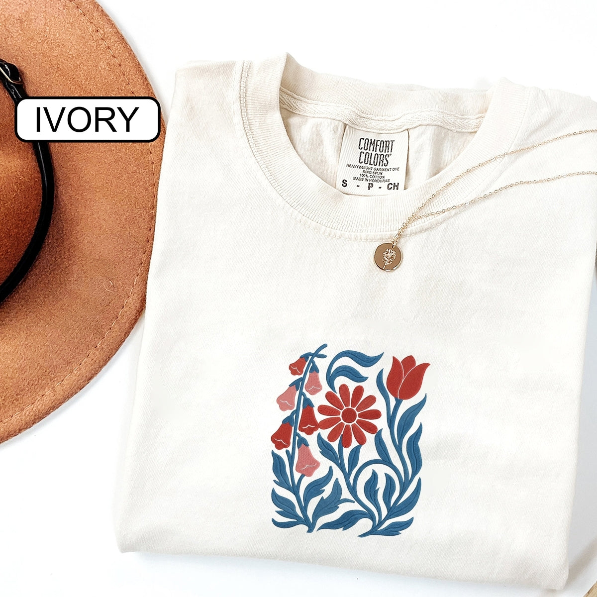 Custom Embroidered No Words T-Shirt | Foxglove Daisy Tulip Floral Embroidery – Subtle Feminist Tee