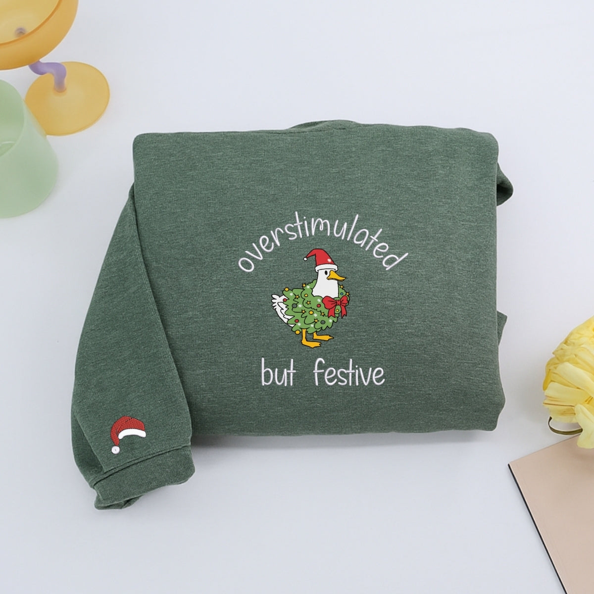 Custom Embroidered Overstimulated But Festive Goose Christmas Sweatshirt | Funny Holiday Hoodie – Silly Goose Embroidery Gift