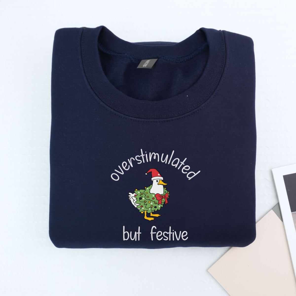 Custom Embroidered Overstimulated But Festive Goose Christmas Sweatshirt | Funny Holiday Hoodie – Silly Goose Embroidery Gift