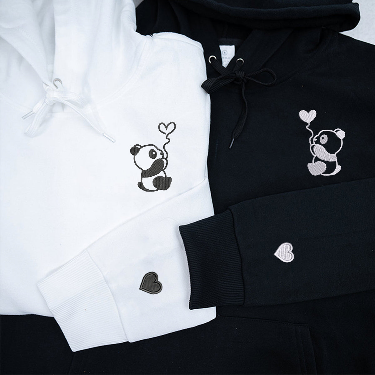 Custom Embroidered Panda with Balloons Matching Hoodies for Couples