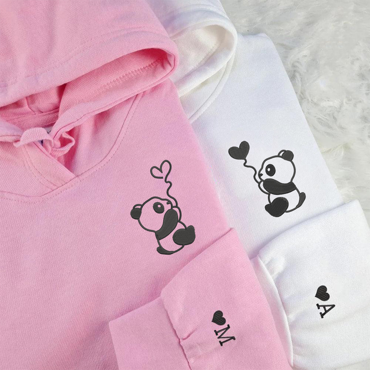Custom Embroidered Panda with Balloons Matching Hoodies for Couples
