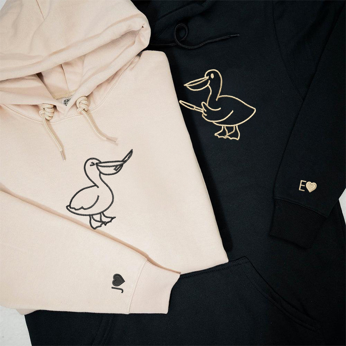 Individuell bestickte Pelikanmesser-Kapuzenpullover für Paare