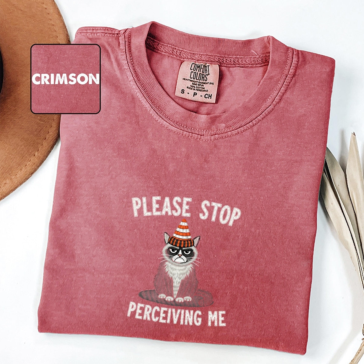 Custom Embroidered Please Stop Perceiving Me T-Shirt | Funny Cat Tee – Cute Introvert Embroidered Gift