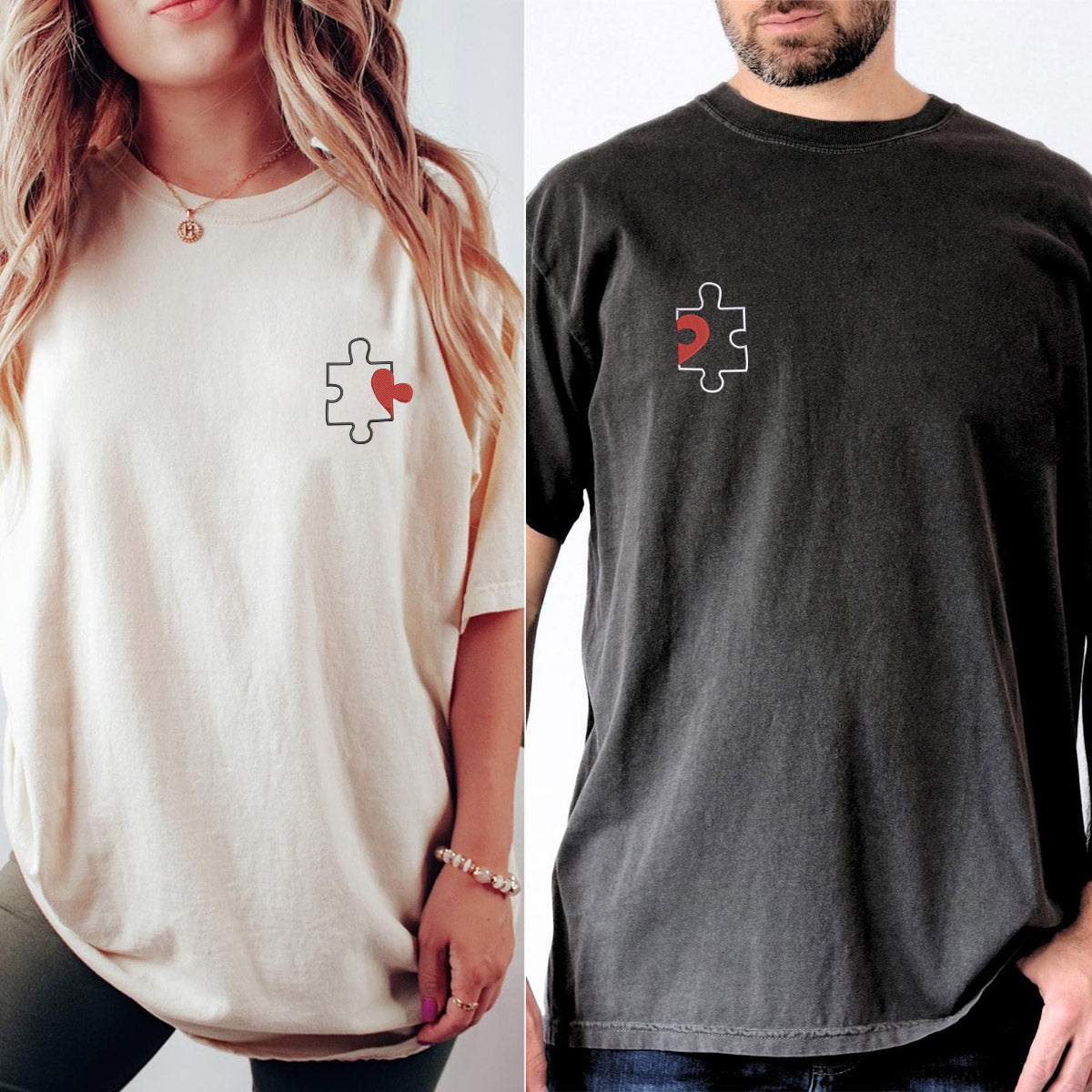 Individuell bestickte Puzzle-Herz-T-Shirts für Paare
