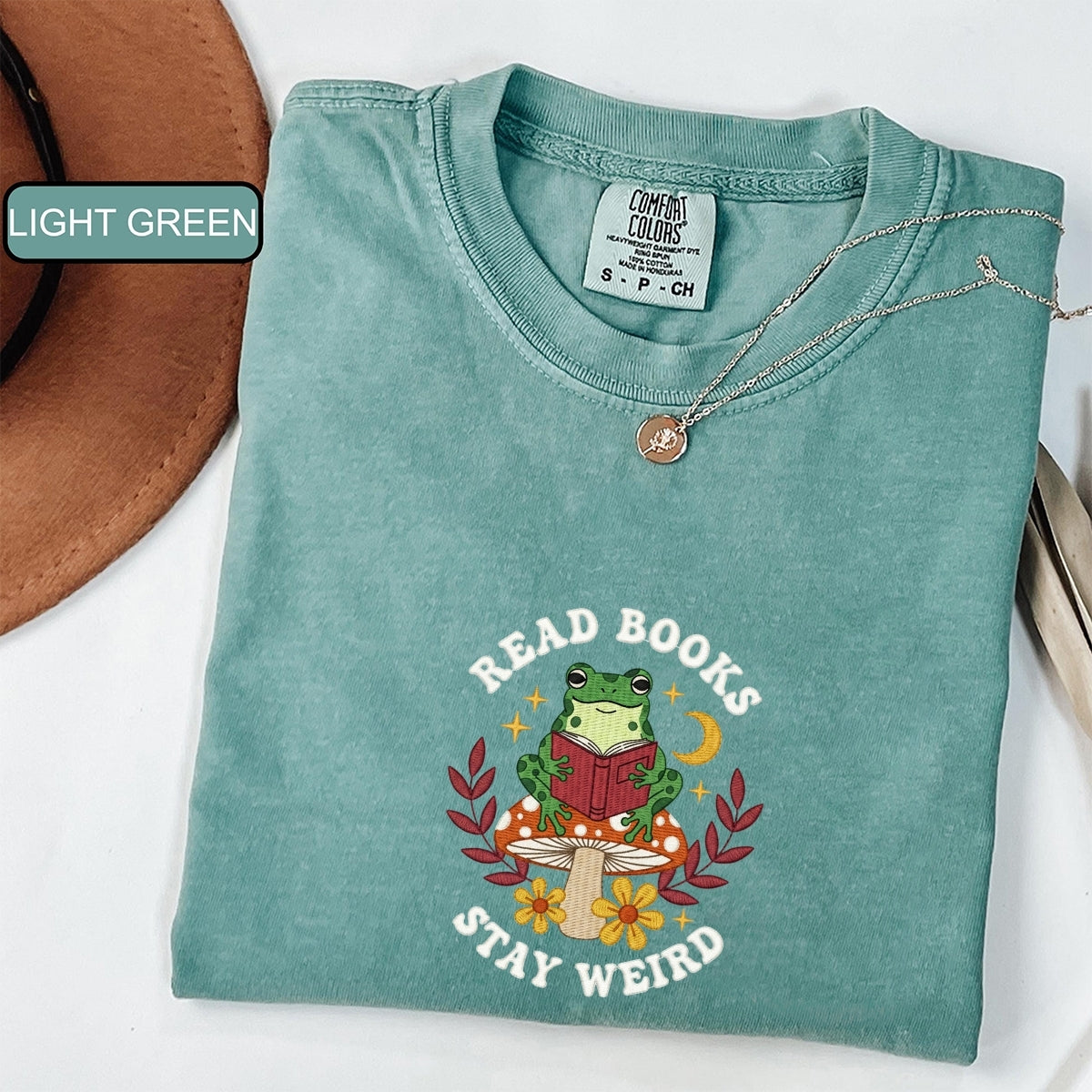 Custom Embroidered Read Books Stay Weird T-Shirt | Funny Bookish Frog Tee – Cute Embroidered Gift for Readers