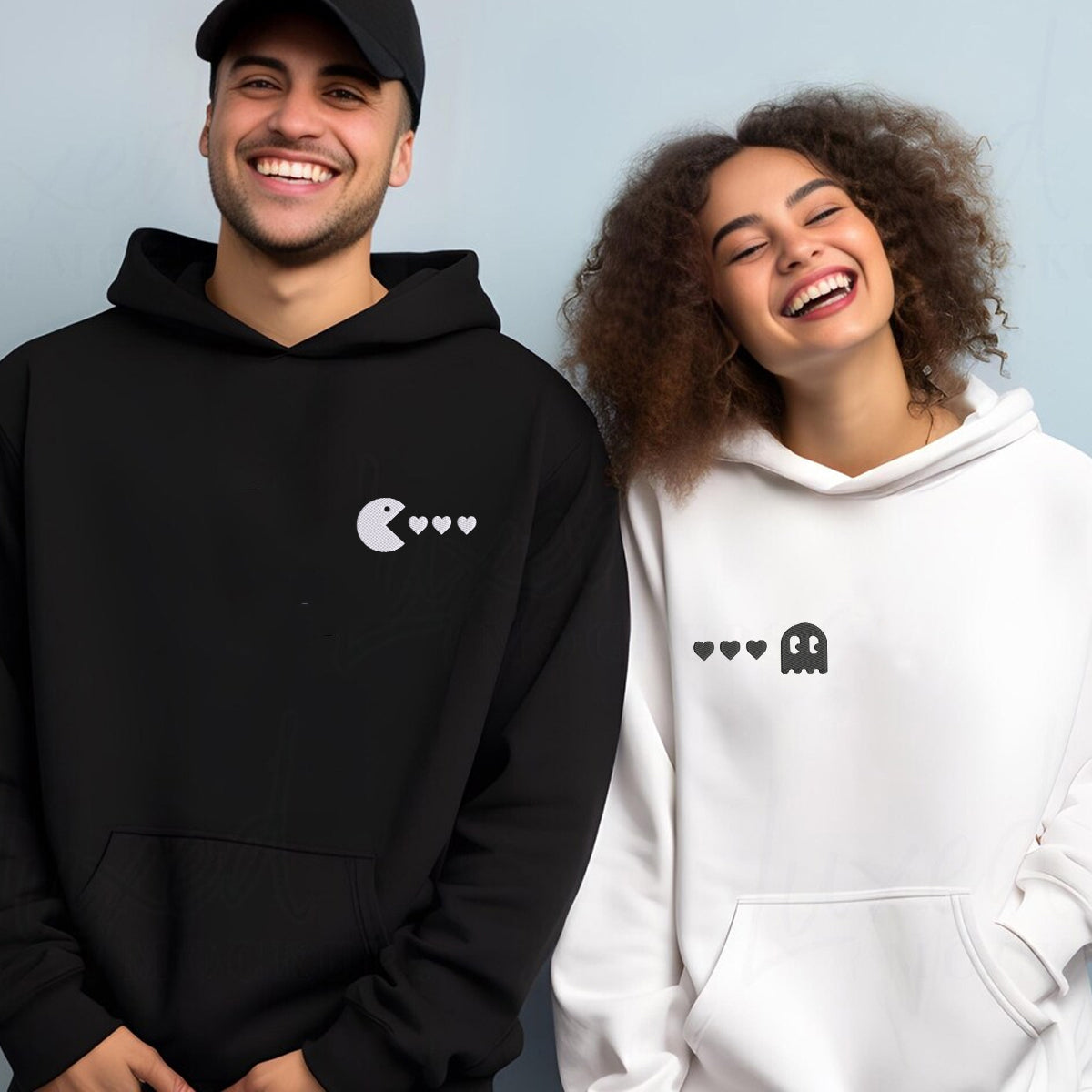 Individuell bestickte Engel- und Dämonenkatze-Kapuzenpullover für Paare