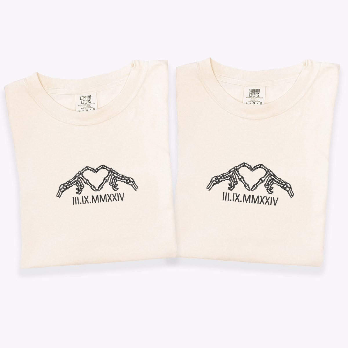 Custom Embroidered Skeleton Heart Roman Numeral Matching T-shirts for Couples