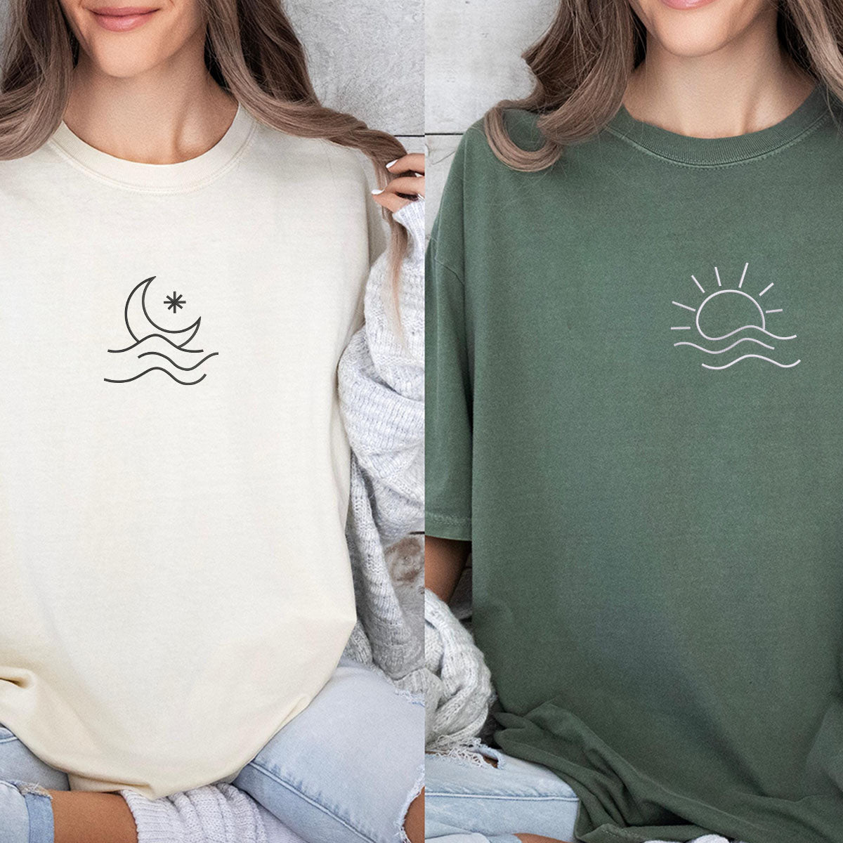 Individuell bestickte Sonne und Mond Welle passende T-Shirts für Paare