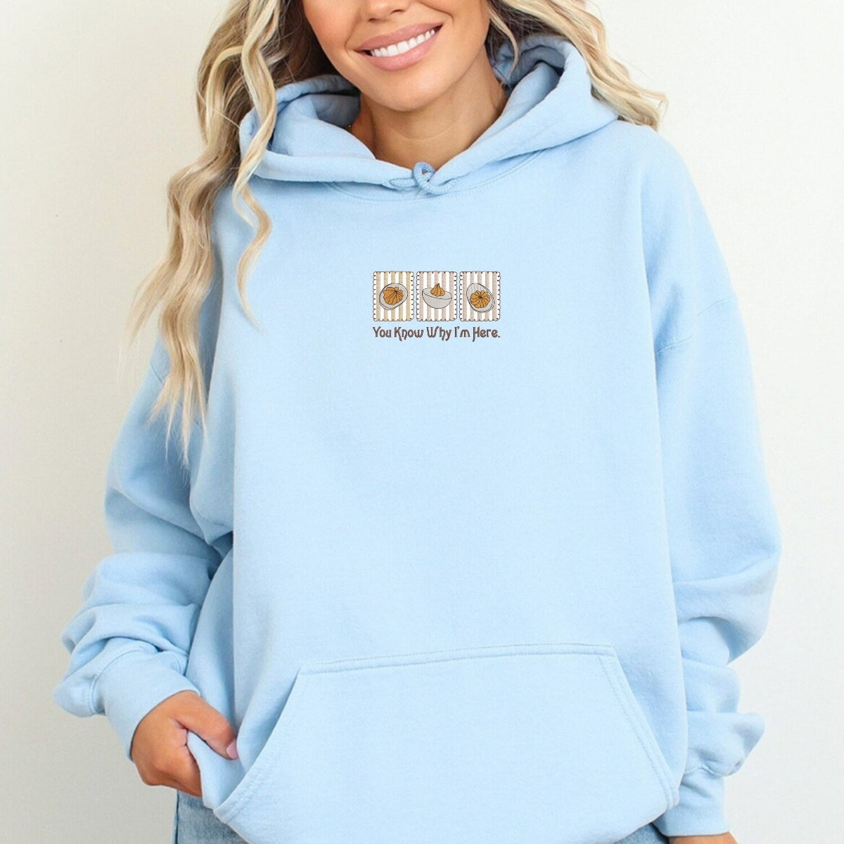 Custom Embroidered You Know Why I’m Here Thanksgiving Hoodie | Funny Deviled Egg Sweatshirt – Cozy Fall Foodie Gift