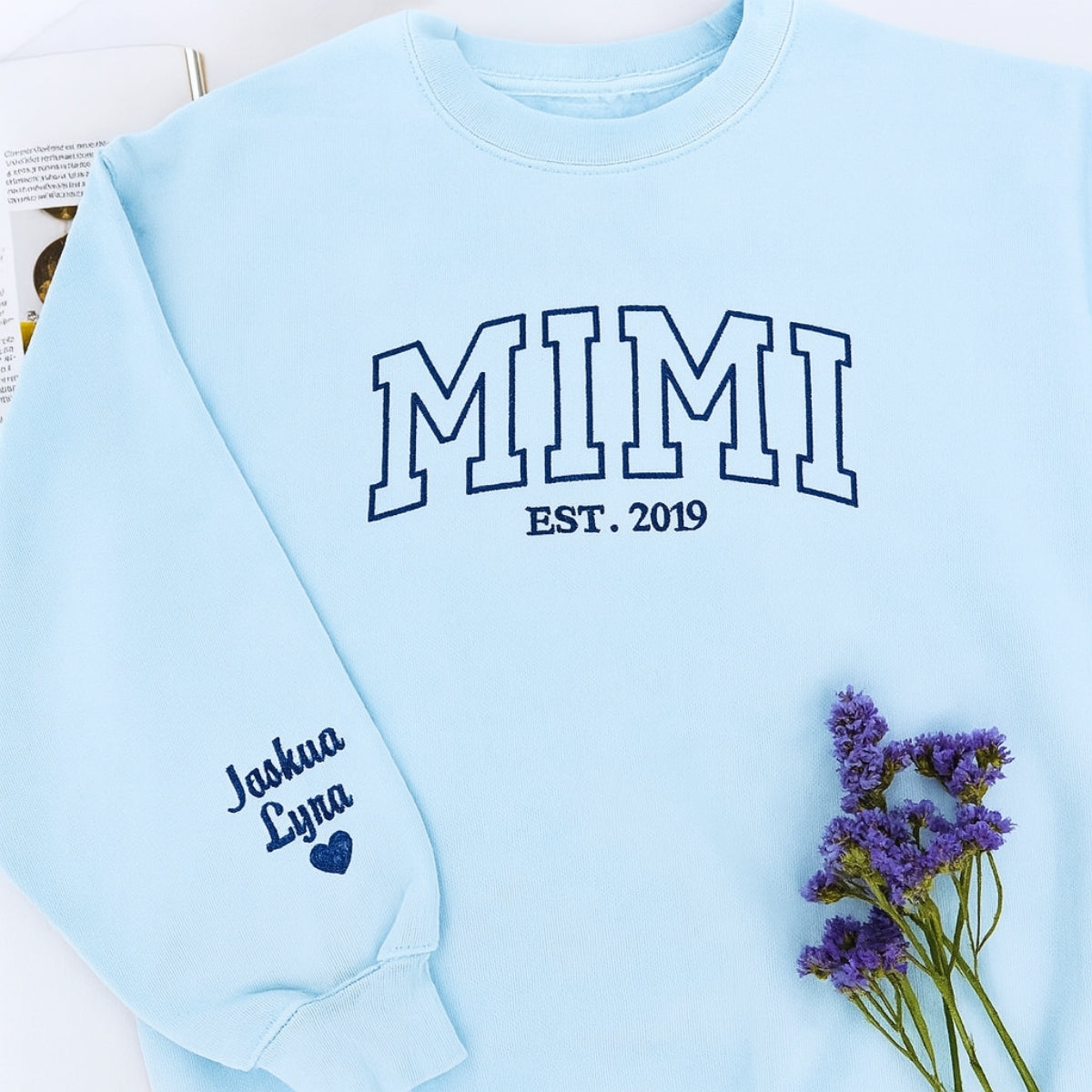 Custom Mimi Sweatshirts with EST Year & Names - Personalized Grandma Varsity Crewneck Gift