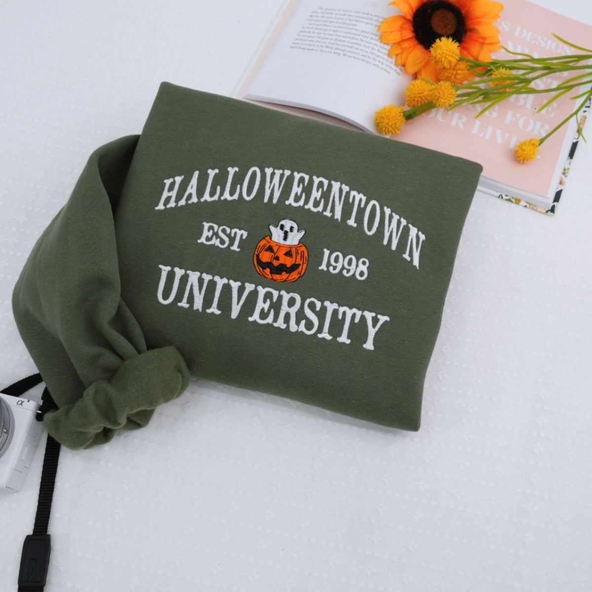 Halloween College Hoodie - Embroidered Pumpkin University Sweatshirt - Vintage Campus Halloween Apparel