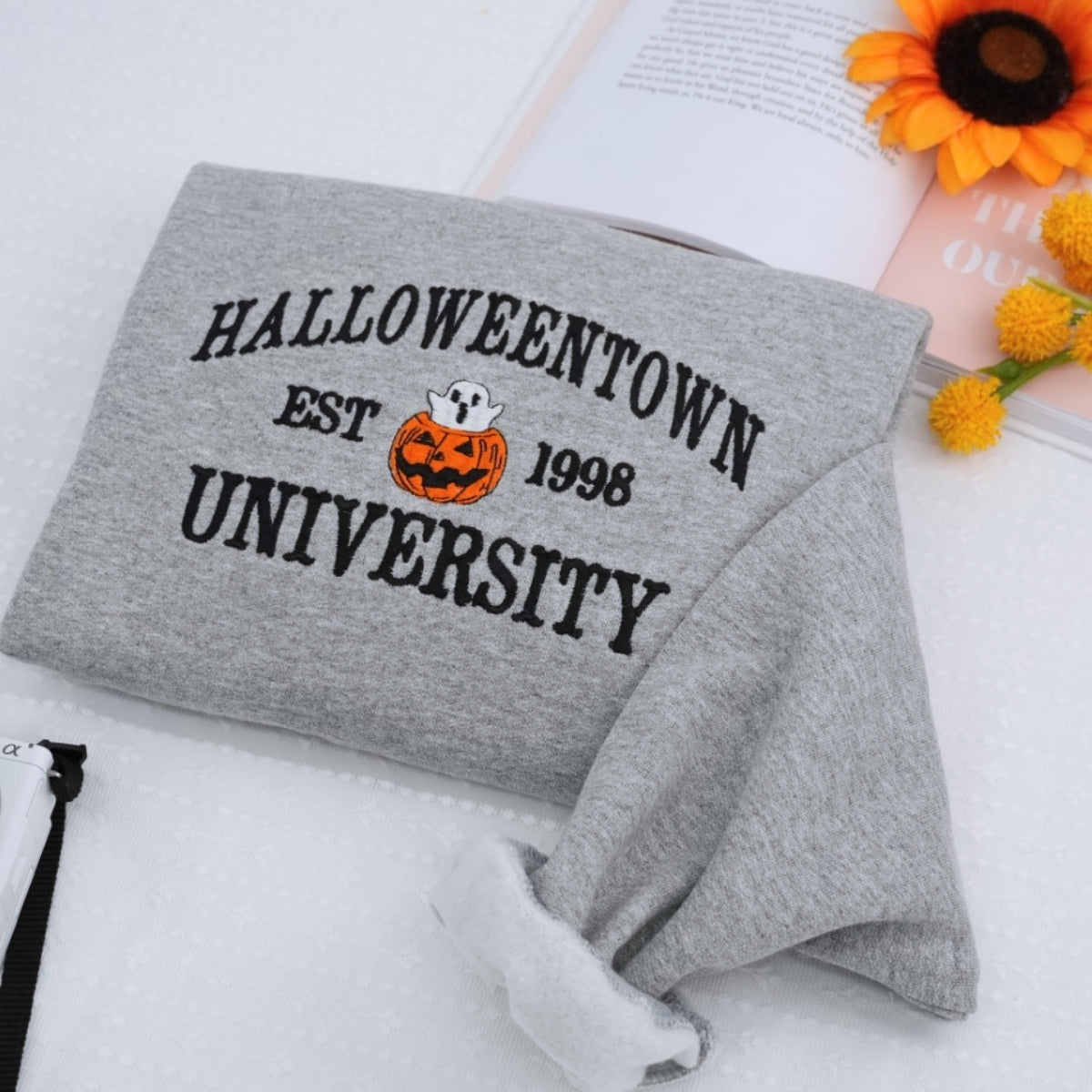 Halloween College Hoodie - Embroidered Pumpkin University Sweatshirt - Vintage Campus Halloween Apparel