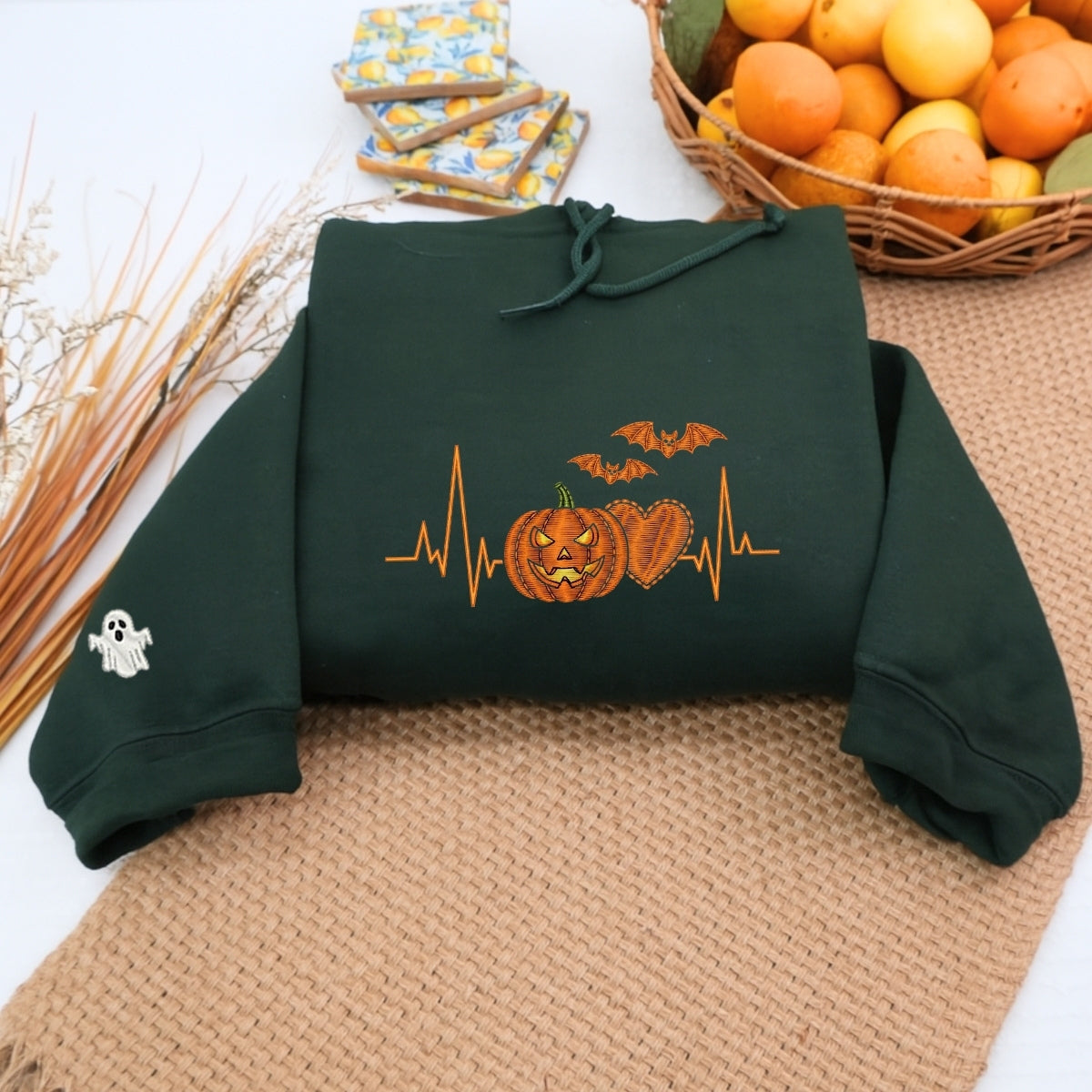 Halloween Heartbeat Medical Hoodies - Nurse Doctor Pumpkin EKG Embroidered Sweatshirts - Perfect Healthcare Halloween Gift