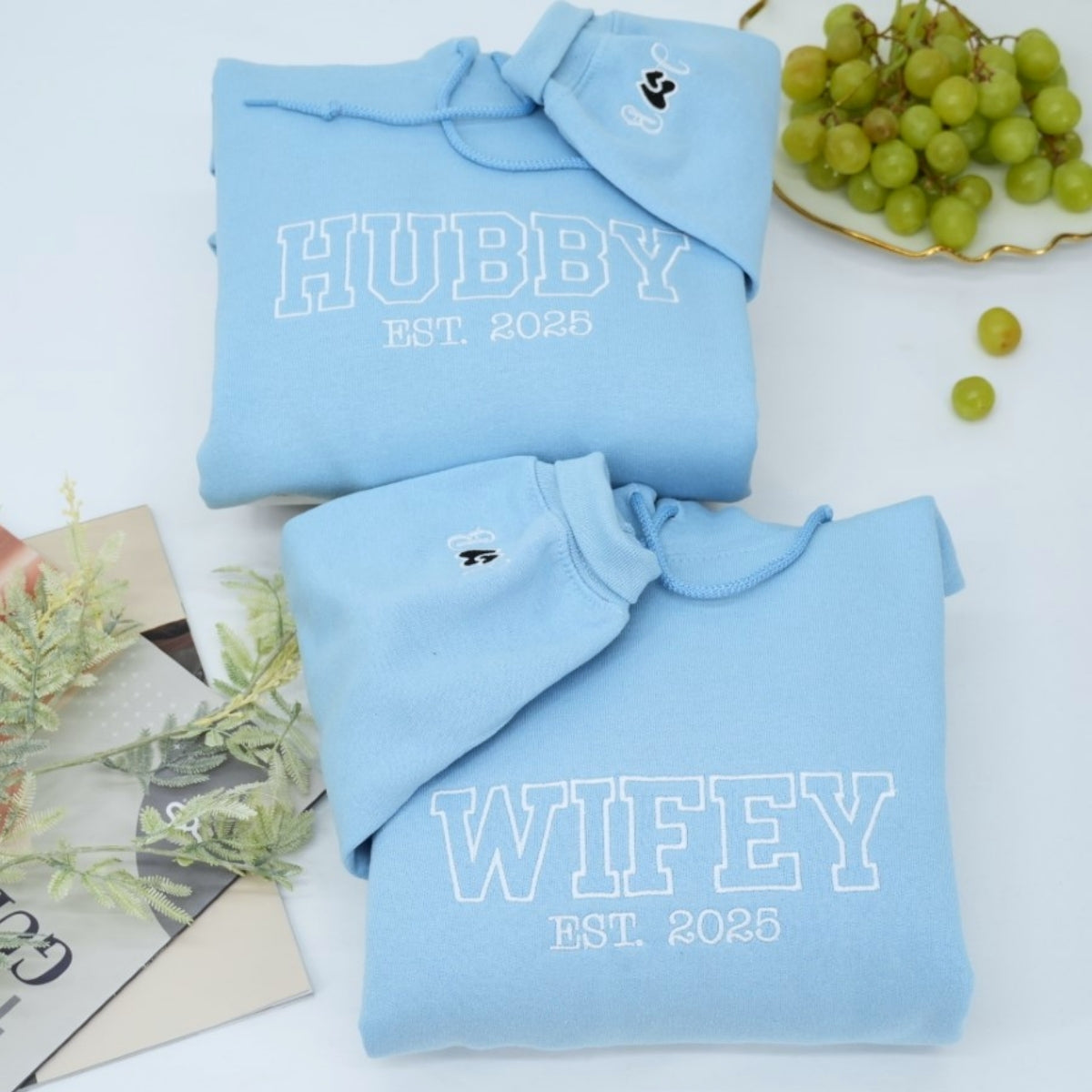 Hubby Wifey Custom Hoodies - Matching Embroidered Couples Sweatshirts - Wedding Anniversary Gift