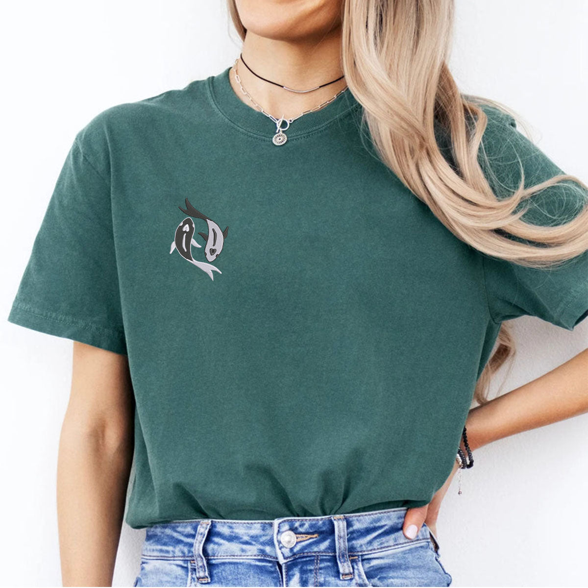Individuell bestickte Koi-Fische Yin Yang passende T-Shirts für Paare