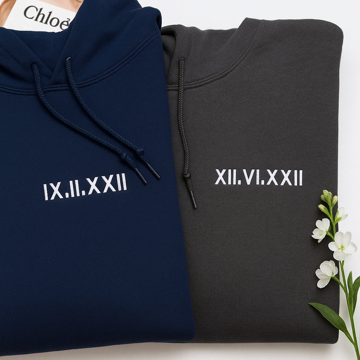 Matching Couple Hoodies - Custom Roman Numeral Date Embroidered Sweatshirts - His Hers Gift