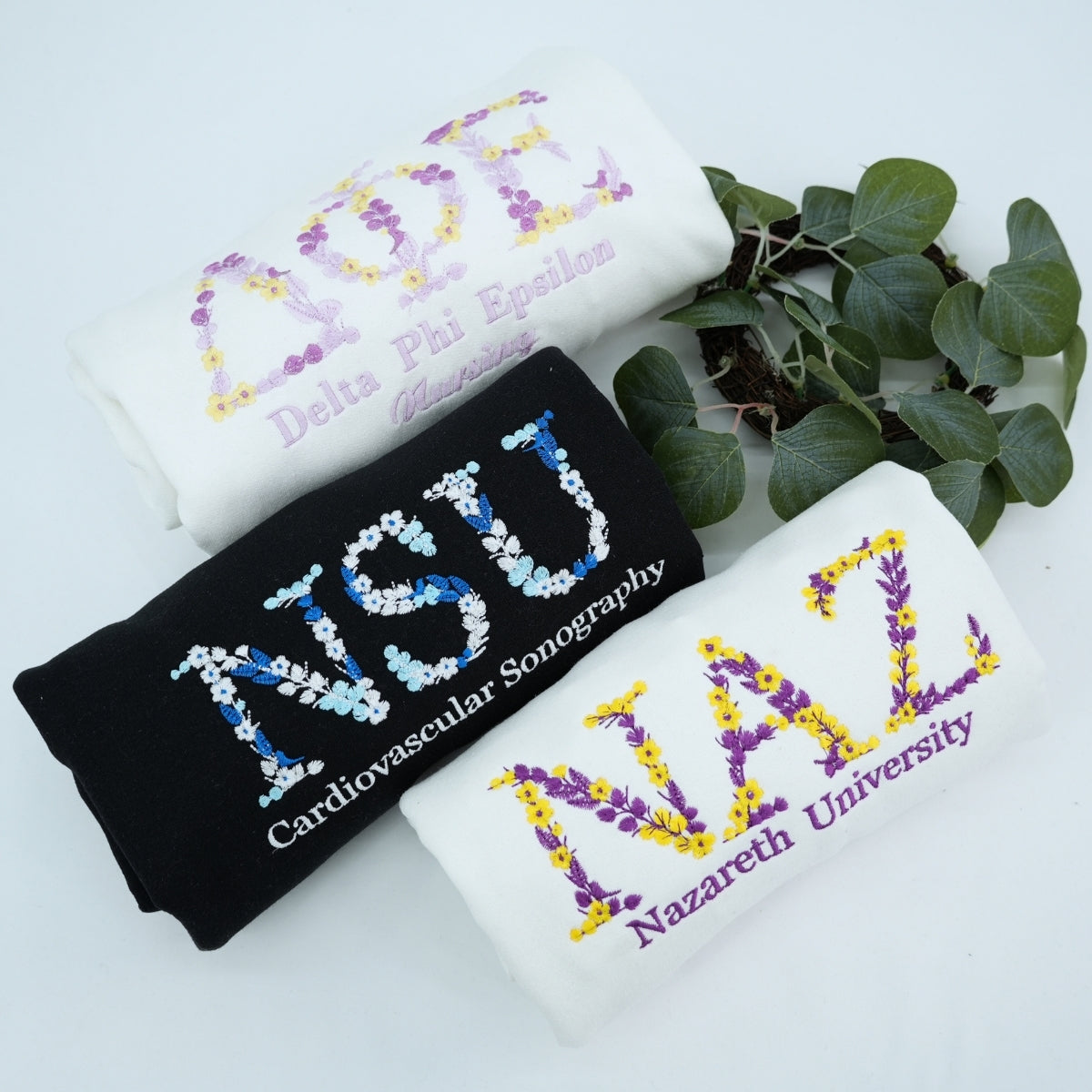 Personalized Botanical University Hoodies - Custom Floral Name Embroidered College Sweatshirts