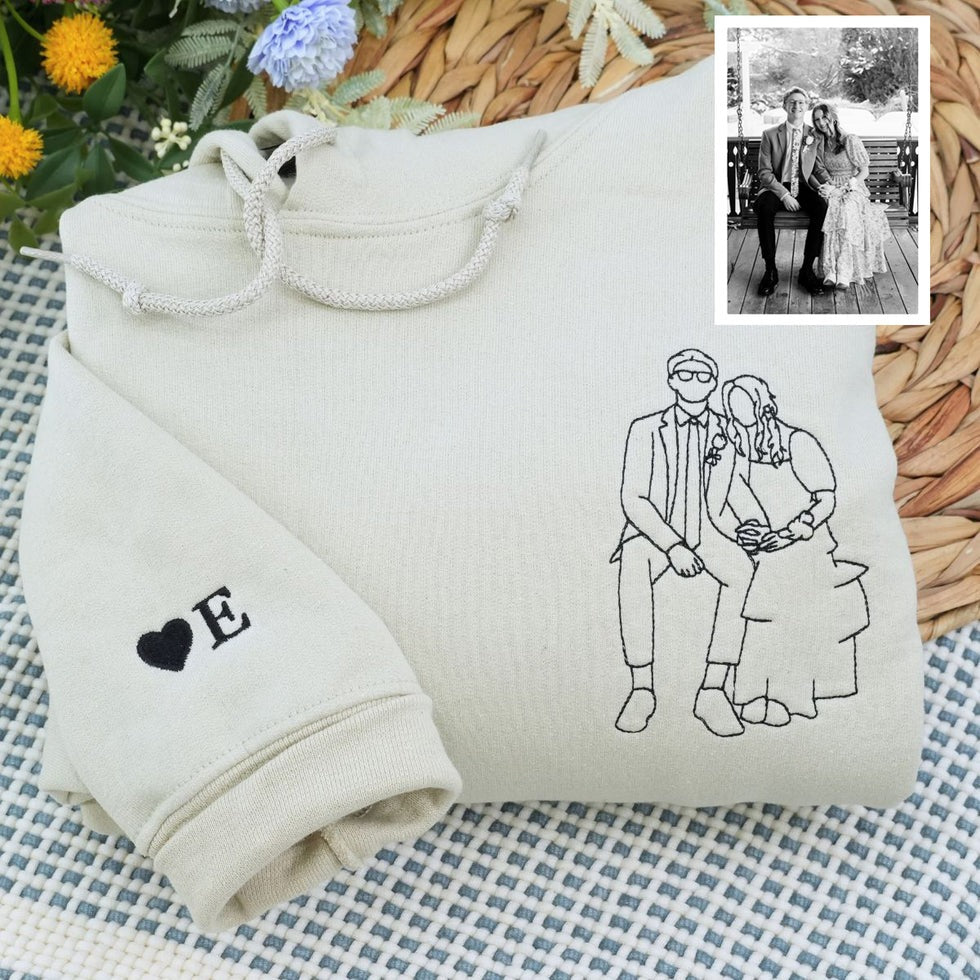 Personalisiertes Bildumriss Besticktes Hoodie Sweatshirt, Portrait Foto Paar Umriss Sweatshirt, Personalisierter Line Art Foto Hoodie