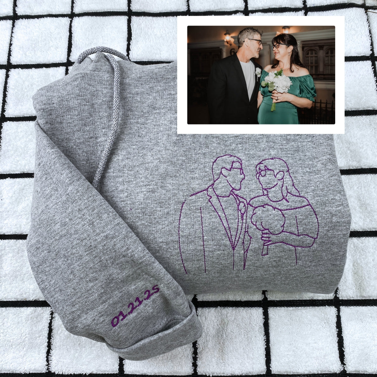 Personalisiertes Bildumriss Besticktes Hoodie Sweatshirt, Portrait Foto Paar Umriss Sweatshirt, Personalisierter Line Art Foto Hoodie