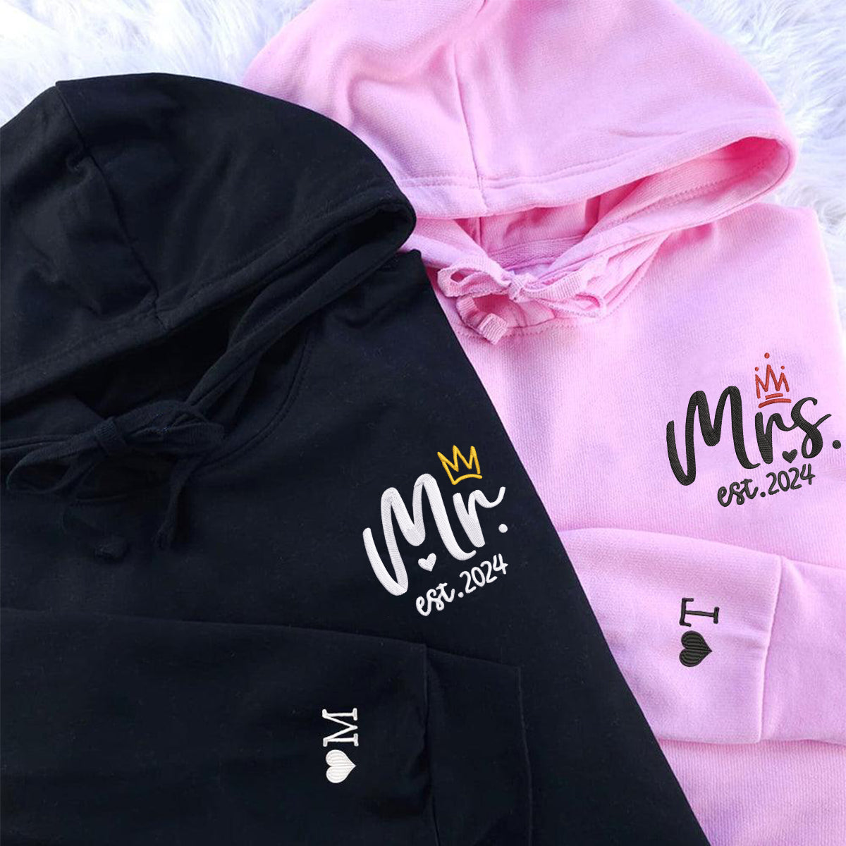 Individuelle, passende bestickte Kapuzenpullover „Mr. & Mrs.“ für Paare