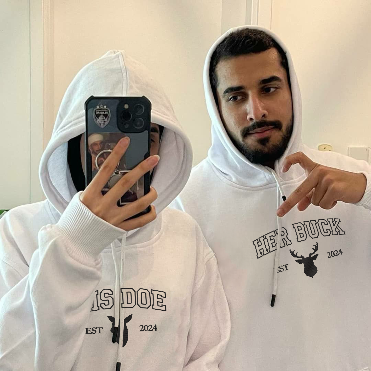 Benutzerdefinierte bestickte Doe Buck Est Year passende Hoodies für Paare