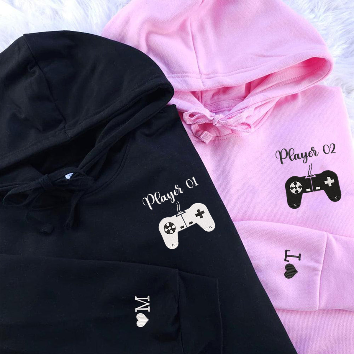 Personalisierte Spieler 1 Spieler 2 bestickte passende Hoodies