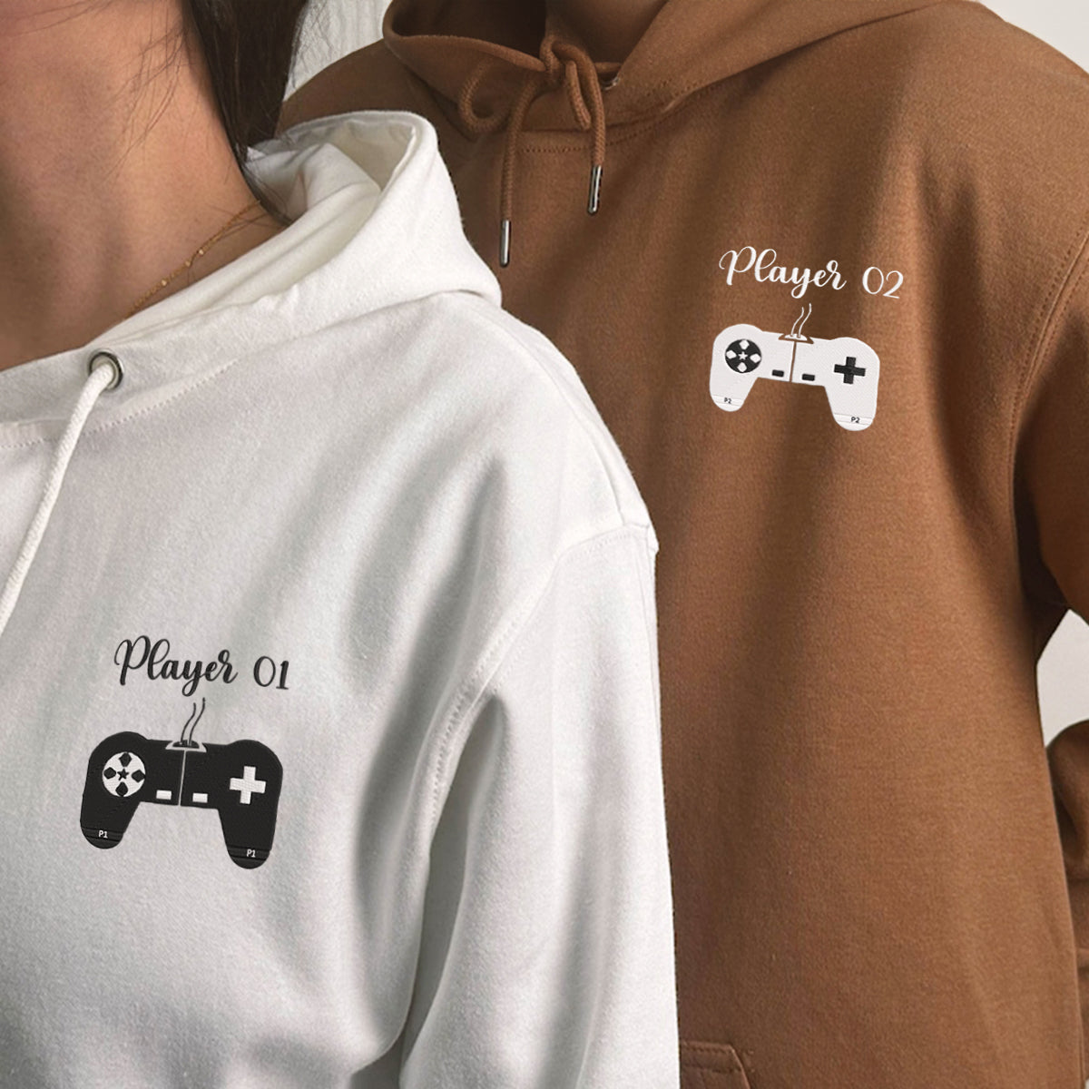 Personalisierte Spieler 1 Spieler 2 bestickte passende Hoodies