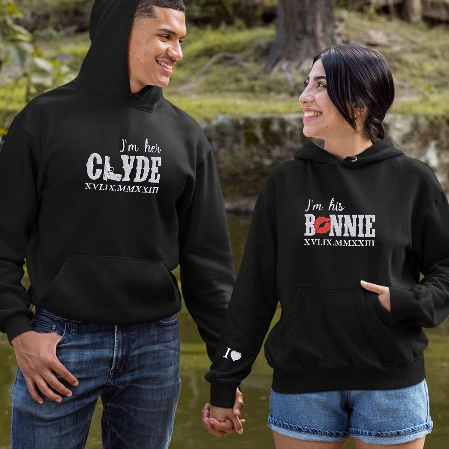 Bestickte His Bonnie Her Clyde Hoodies oder Sweatshirts mit römischen Ziffern
