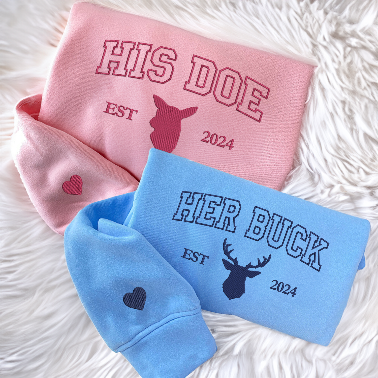 Benutzerdefinierte bestickte Doe Buck Est Year passende Hoodies für Paare