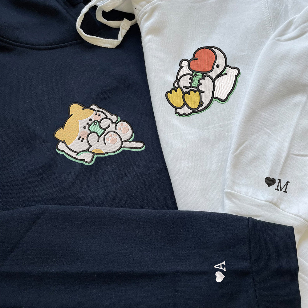 Cat x Cute Goose Custom Embroidered Matching Hoodies For Couples - Perfect for Cozy Couples Gifts
