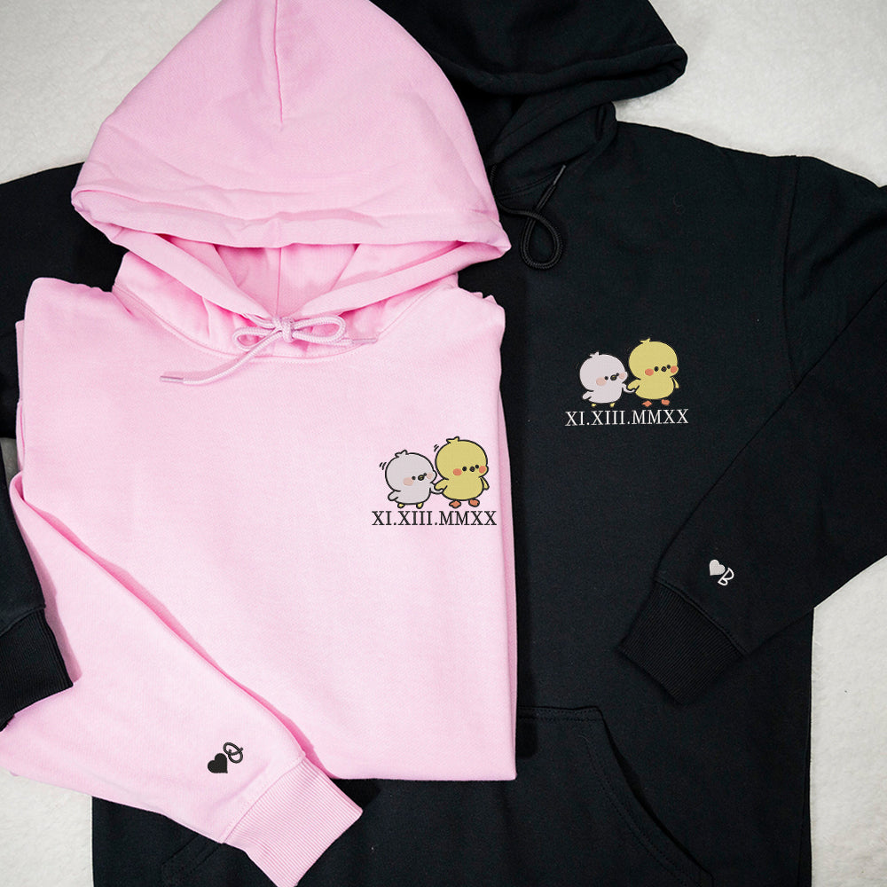 Cute Cartoon Chick Custom Roman Numeral Matching Embroidered Hoodies For Couples - Perfect for Cozy Couples Gifts