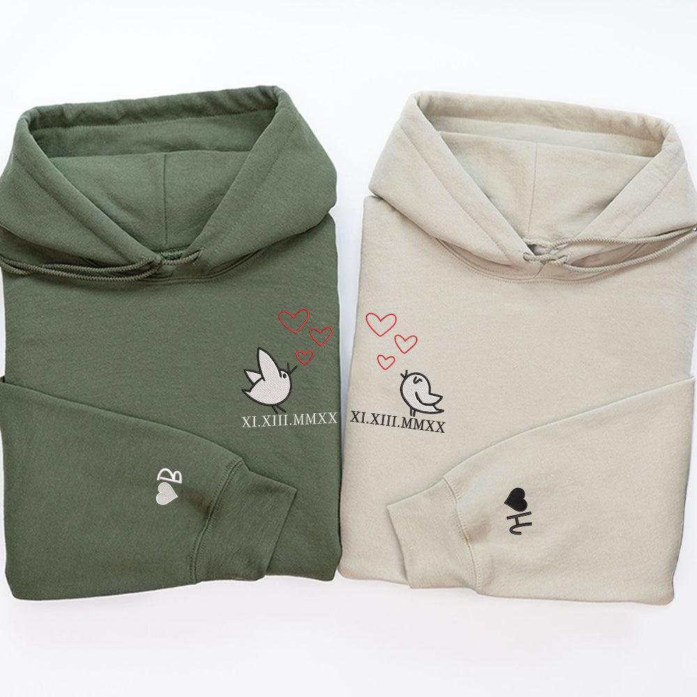 Cute Couple Birds Custom Roman Numeral Matching Embroidered Hoodies For Couples