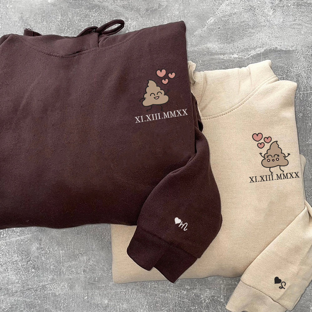 Cute Shit Cartoon Custom Roman Numeral Matching Embroidered Hoodies For Couples - Perfect for Cozy Couples Gifts