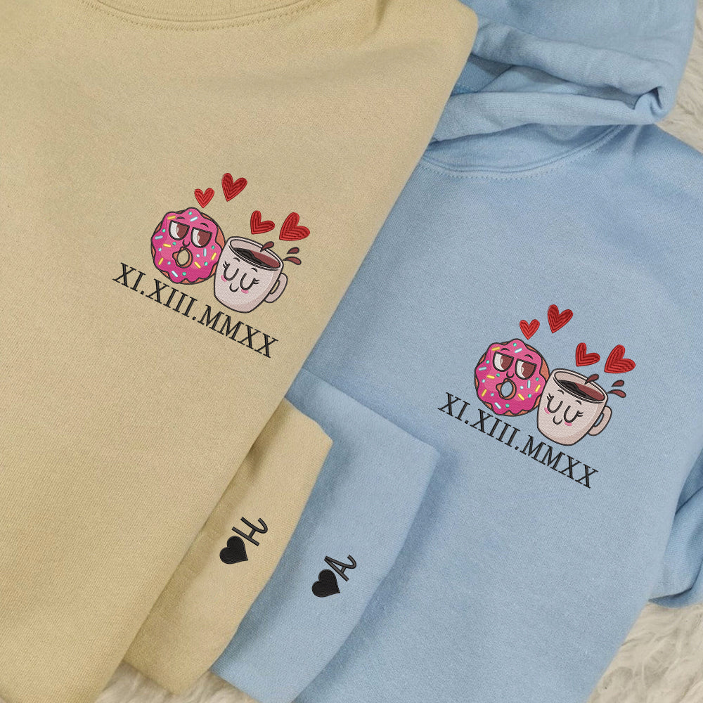 Donut and Coffee Custom Roman Numeral Matching Embroidered Hoodies For Couples - Perfect for Cozy Couples Gifts