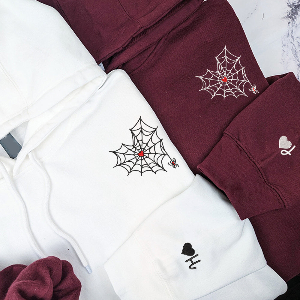Heart Spider Web Custom Embroidered Matching Hoodies For Couples - Perfect for Cozy Couples Gifts
