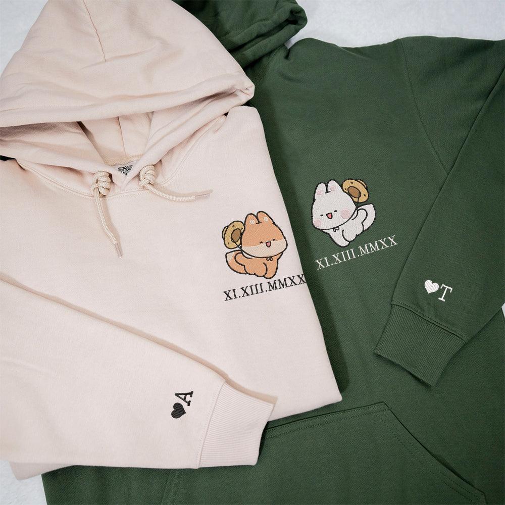 Cute Fox Couples Custom Roman Numeral Matching Embroidered Hoodies For Couples
