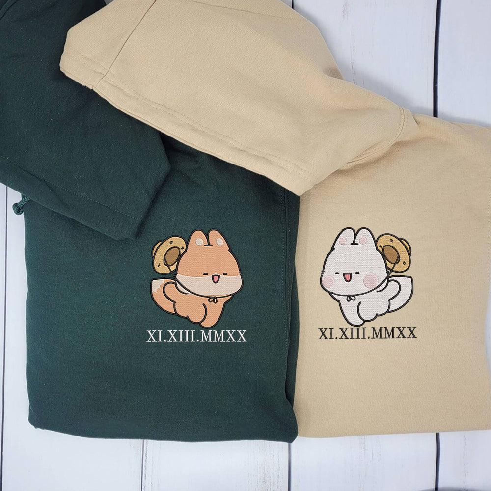 Cute Fox Couples Custom Roman Numeral Matching Embroidered Hoodies For Couples