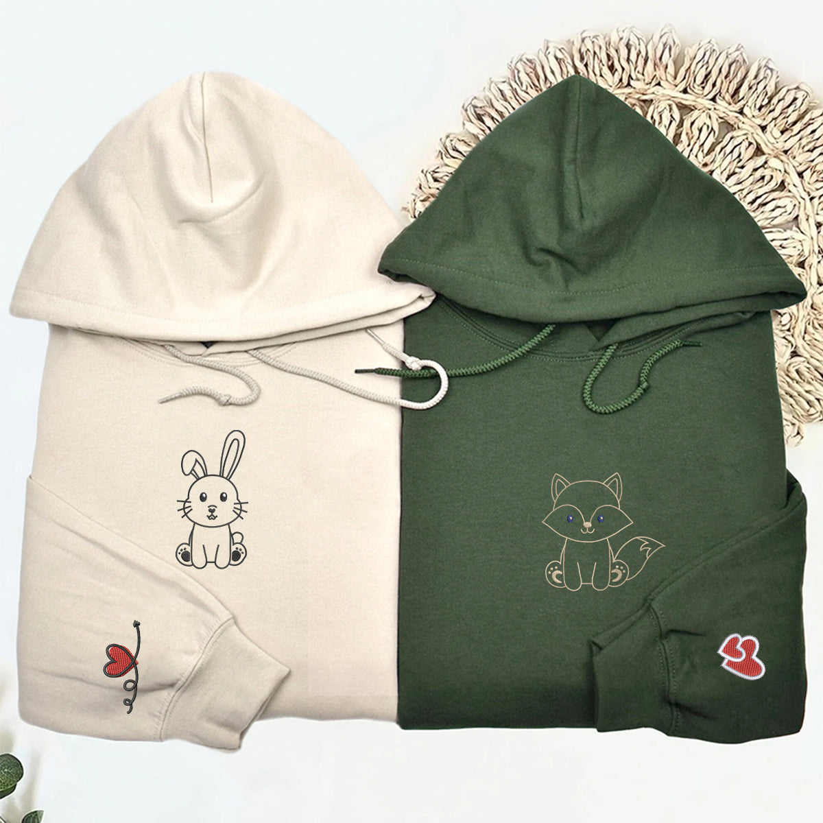 Custom Embroidered Cute Fox and Rabbit Matching Hoodies for Couples