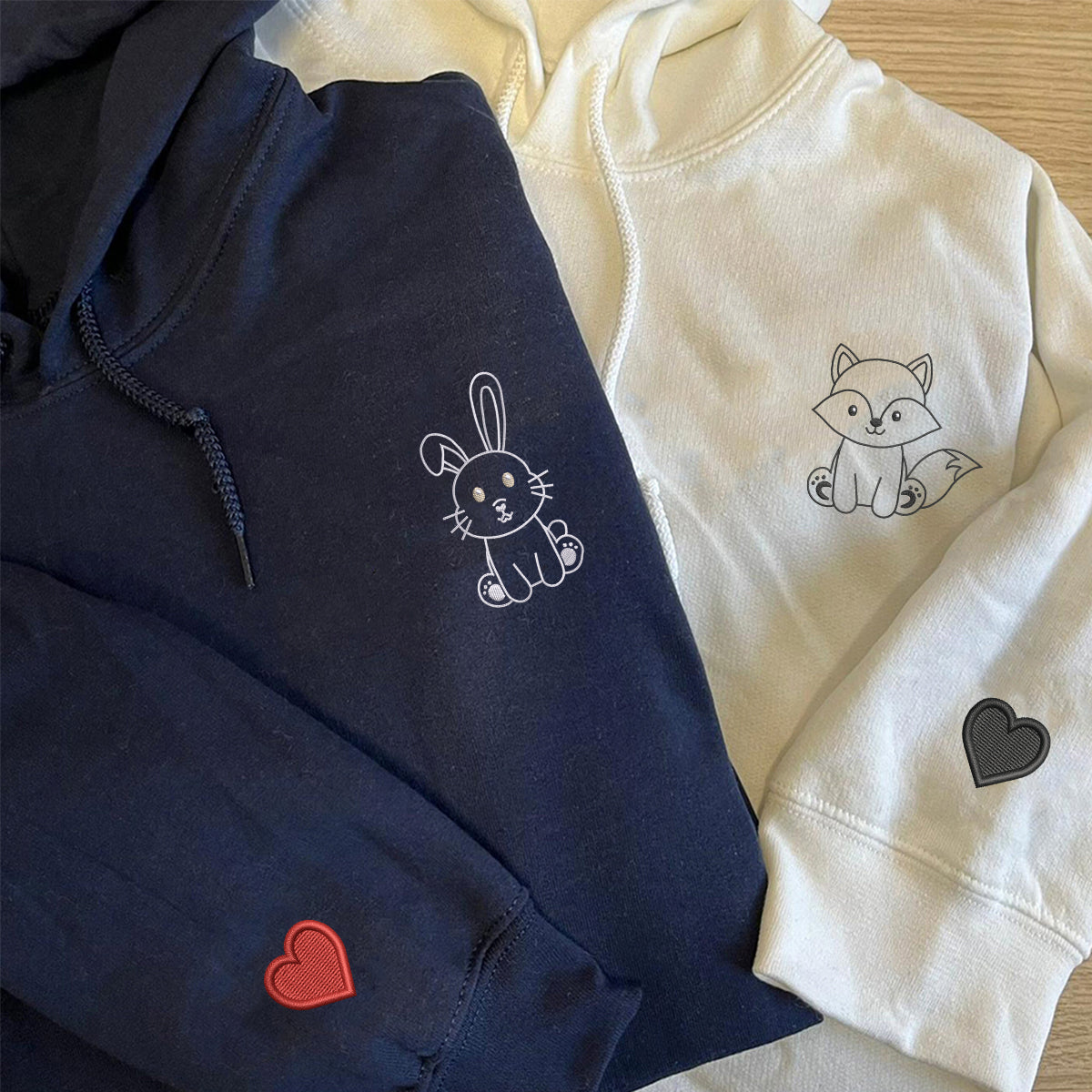 Sweats à capuche assortis brodés personnalisés avec renard et lapin mignons pour couples
